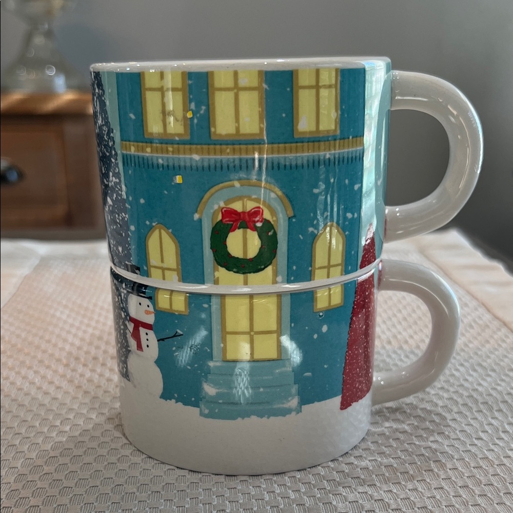 Pier 1 Festive Stacking Mugs with Snowman and Wreath
